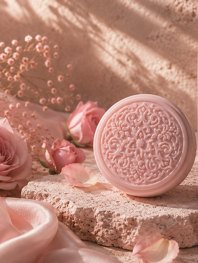 Розовая пудреница SHOYI Rose Veil среди лепестков роз