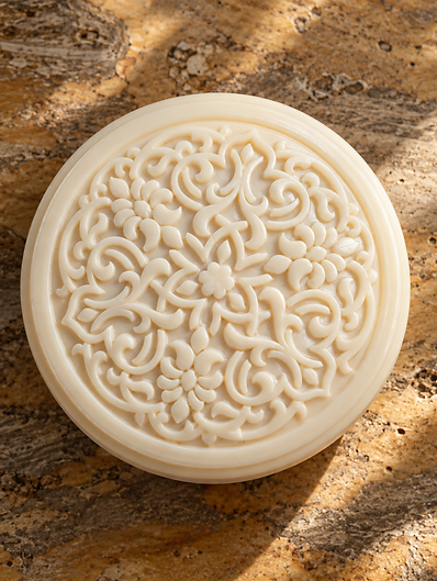 Круглое мыло ручной работы SHOYI Silk Ivory из натурального шелка с рельефным орнаментом